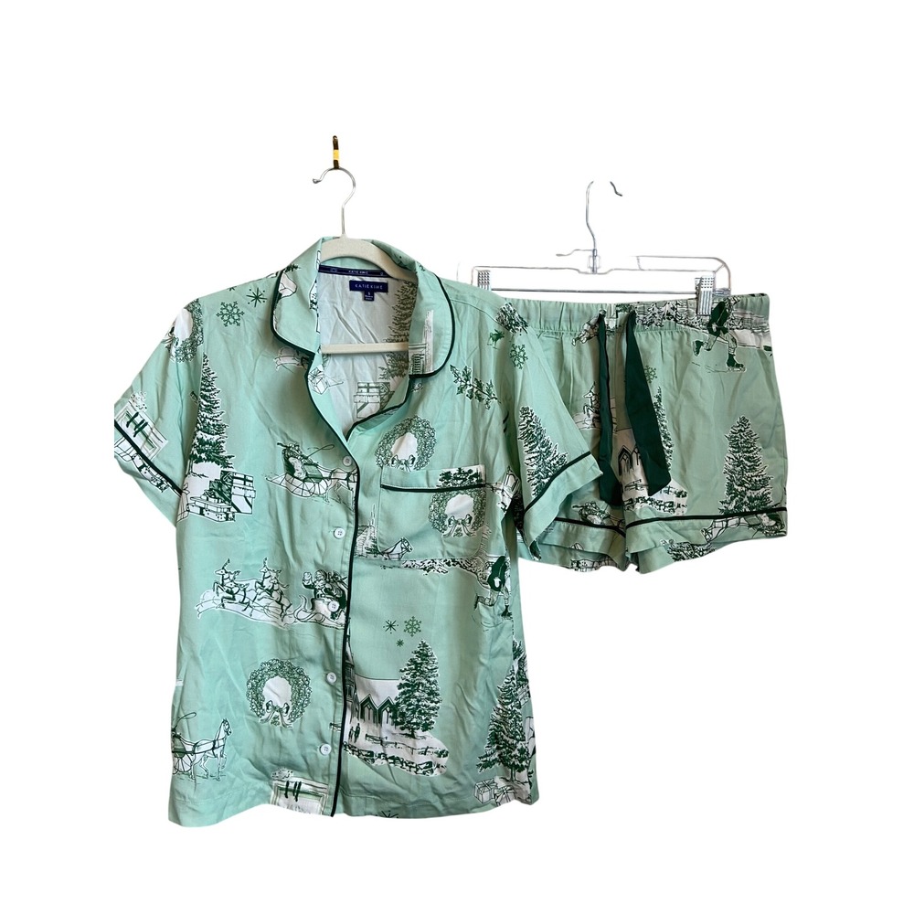 Katie Kime Womens Green Winter Toile Pajama Set Short Sleeve Shorts Santa Small